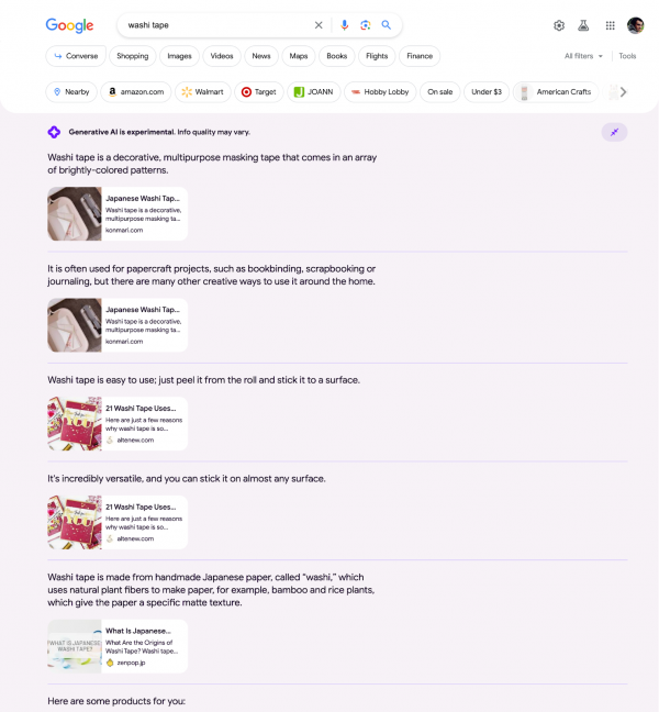 Screenshot Google Search Generative Experience zur Suchanfrage "washi tape" nach Klick auf detailed icon