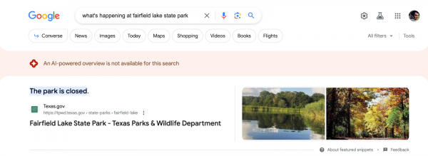 Screenshot Google Search Generative Experience zur Suchanfrage "what's happening at fairfield lake state park" am Montag
