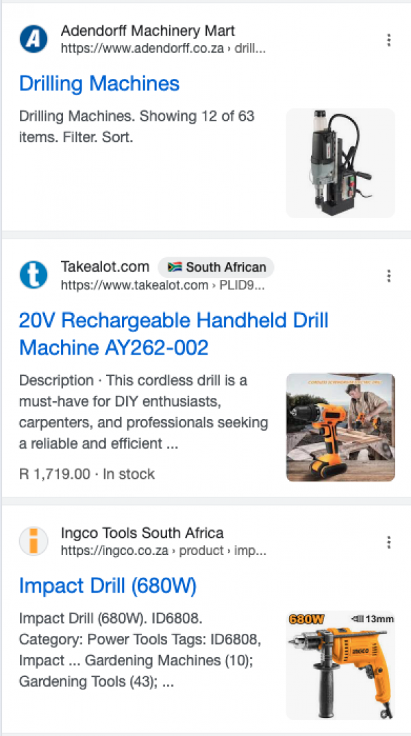 Screenshot der südafrikanischen SERP in der mobilen Ansicht zum Keyword drill machine