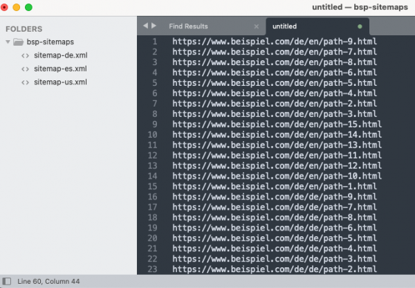 Screenshot aus Sublime Text mit einem zusätzlichen "untitled"-Dokument, in dem die URLs aufgelistet sind.
