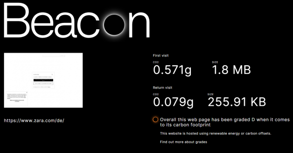 Ein Screenshot aus Beacon für die Startseite von Zara. Hier wird ein CO2 Wert von 0,571g erkannt und 1,8mb übertragene Daten.