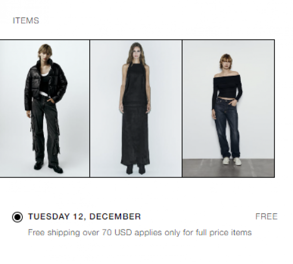 Ein Screenshot aus dem Checkout von Zara. Es sind drei Bilder zu sehen, auf dem jeweils ein Model mehrere Kleidungsstücke trägt. Es gibt keinen Text, der kenntlich macht, um welche Kleidungsstücke es im Warenkorb geht.