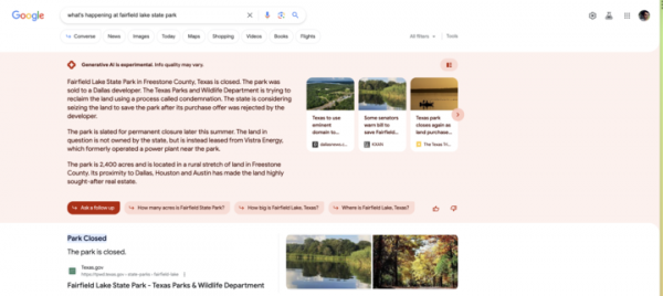 Screenshot Google Search Generative Experience zur Suchanfrage "what's happening at fairfield lake state park" am Sonntag