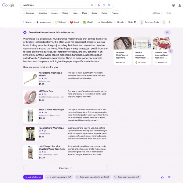 Screenshot Google Search Generative Experience zur Suchanfrage "washi tape"