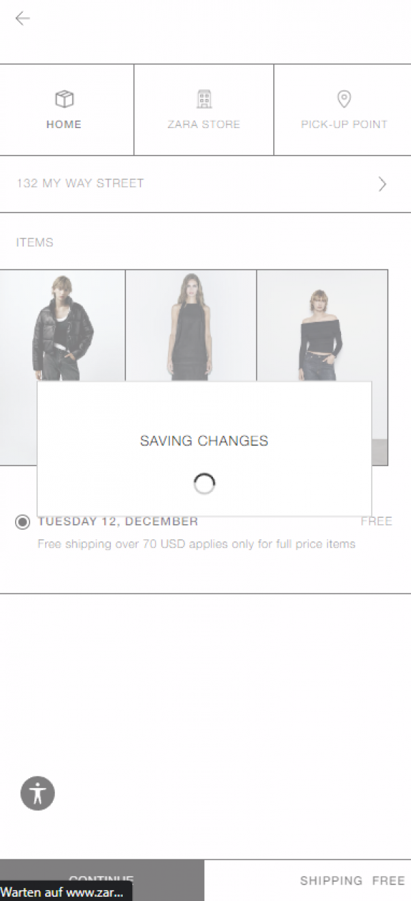 Ein Screenshot aus dem Checkout von Zara. Eine große Einblendung "Saving Changes" ploppt auf, wenn man auf den Checkout klickt, ohne Änderungen durchgeführt zu haben.