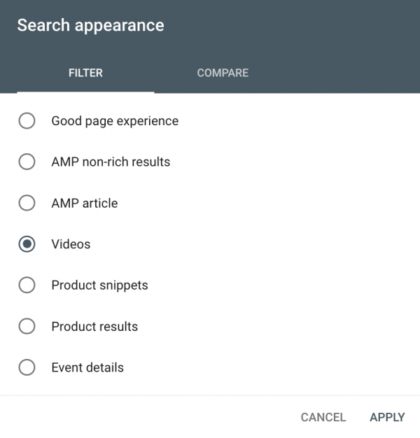 Screenshot aus dem Performance Bericht der Google Search Console für Search Results. Zu sehen ist der Filter für Search Appearance, ausgewählt ist der Typ "Videos".