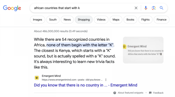 ein Screenshot der normalen Google Suche, in der für die gleiche Suchanfrage "african countries that start with k" ein Featured Snippet ausgespielt wird. Die Quelle ist die gleiche, wie im SGE Beispiel. Eine von ChatGPT generierte Antwort, die aussagt, es gäbe keine Länder in Afrika, die mit "K" beginnen. Im nächsten Satz wird dann beschrieben, dass Kenya dem am nähesten käme.