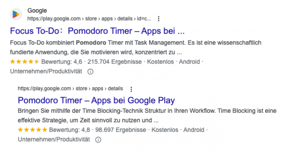 Screenshot aus der Google-Suchergebnisseite zum Suchbegriff "pomodoro apps", Host Group bzw. Indented Results von play.google.com![](https://wngmn.de/nl-assets/u/419edc05d24d35984502_indentedesults.png)