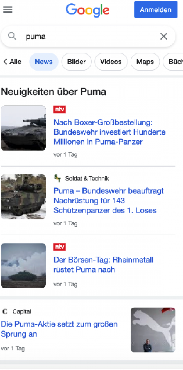 Die News-Suchergebnisseite von der Suchanfrage "puma" mit News zum Puma-Panzer