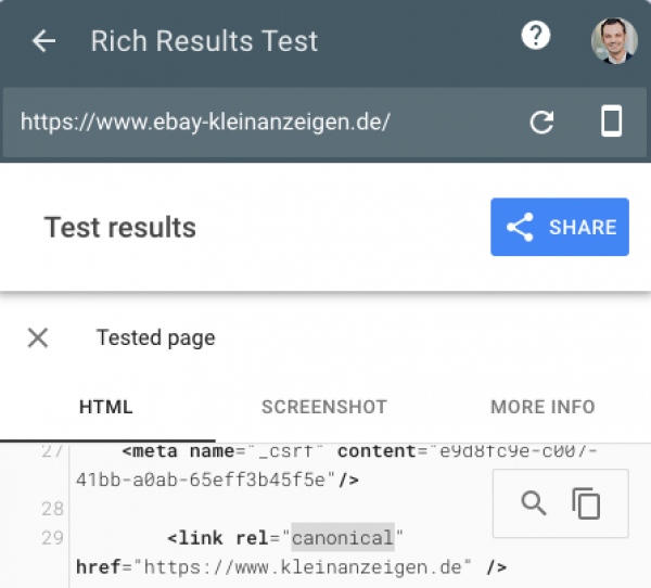 Screenshot Rich Results Testing Tool von https://www.ebay-kleinanzeigen.de/ zeigt Canonical auf https://www.kleinanzeigen.de