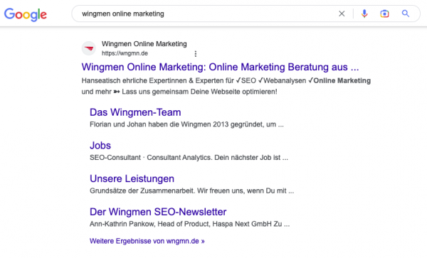 SEO-Ergebnis von Wingmen zu einer Suche nach "wingmen online marketing" in den Suchergebnissen von Google.