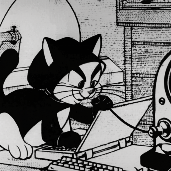 Ein KI-generiertes Bild im Stil von Mickey Mouse der 1920-1930er. Zu sehen ist eine Katze, die vor einem Laptop-Screen sitzt, eine Kapuze trägt und schämisch am Lachen ist, da gerade wieder Inhalte kopiert und auf der eigenen Domain ausgekotzt wurden.
