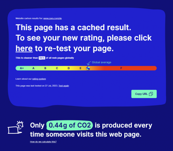 Ein Screenshot vom Website Carbon Calculator Test für die Startseite von Zara. Mit einem Wert von 0,44g CO2 bei einem Seitenaufruf schneidet Zara hier gut ab.