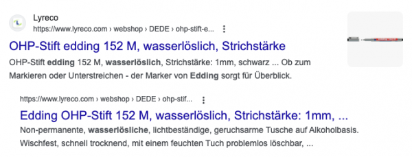 Screenshot aus der Google-Suchergebnisseite zum Suchbegriff "edding wasserlöslich", Host Group bzw. Indented Results von lyreco.com