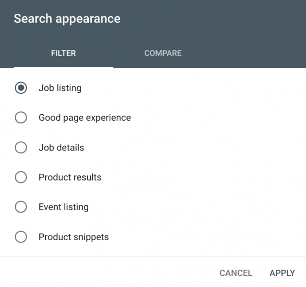 Screenshot aus dem Performance Bericht der Google Search Console für Search Results. Zu sehen ist der Filter für Search Appearance, ausgewählt ist der Typ "Job Listing".