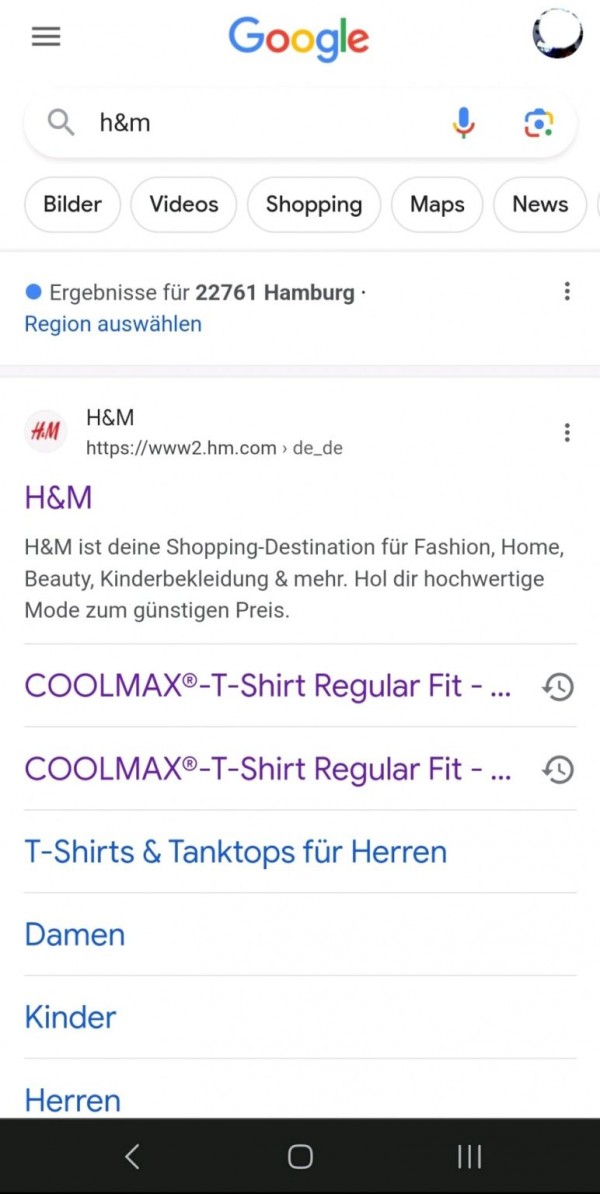 Snippet von H&M mit individualisierten Sitelinks