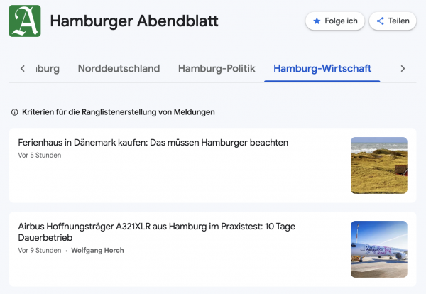 Screenshot aus Google News, in dem 2 Artikel-Teaser zu sehen sind. Einer von beiden hat den Zusatz "Wolfgang Horch" neben der Zeitangabe zur Veröffentlichung "vor 9 Stunden" unterhalb des Titels "Airbus Hoffnungsträger A321XLR aus Hamburg im Praxistest: 10 Tage Dauerbetrieb". Der andere Teaser mit dem Titel "Ferienhaus in Dänemarkt kaufen: Das müssen Hamburger beachten" und der Veröffentlichungs-Angabe "vor 5 Stunden" hat hingegen keinen Zusatz mit dem Namen des Autors.