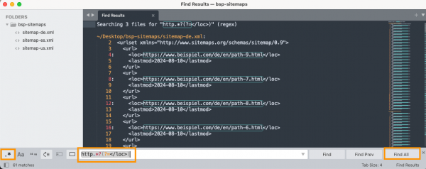 Screenshot aus Sublime Text mit der Suchfunktion. Hervorgehoben sind die aktivierte Regex-Suche, der Suchbegriff “http.*?(?=</loc>)” und der "Find All"-Button. Im Textfenster sind dadurch die Treffer aus mehrerern Dateien angewählt. In diesem Falle URLs.
