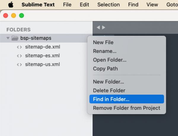 Screenshot aus Sublime Text mit dem Kontextmenü auf einem Ordner. Der Befehl "Find in Folder" ist angewählt.