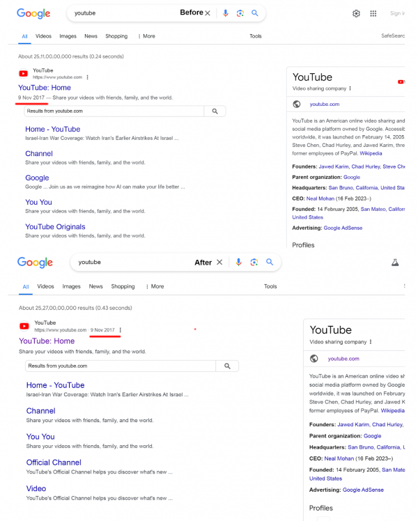 Vergleich der Google SERP zum Keyword "youtube". Auf dem ersten Screenshot steht das Datum neben der Description, auf dem zweiten Screenshot befindet es sich neben der URL.
