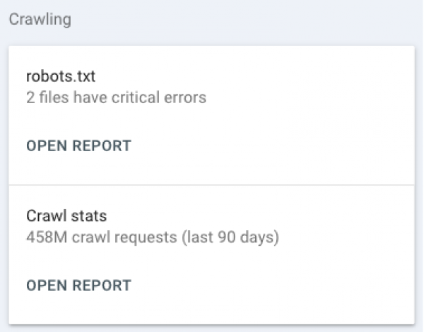 Report aus der Google Search Console. Ansicht vom Crawling mit robots.txt und dem Hinweis "2 files have critical errors" und dem Bericht "Crawling stats".