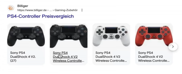 Ein Screenshot aus einem Suchergebnis in der deutschen Google-Suche für das Keyword "playstation controllers". Auffällig ist, dass zwar ein Title angezeigt wird, aber keine Meta Description. Stattdessen sind hier einzelne Kacheln mit Bild und Link zu sehen.