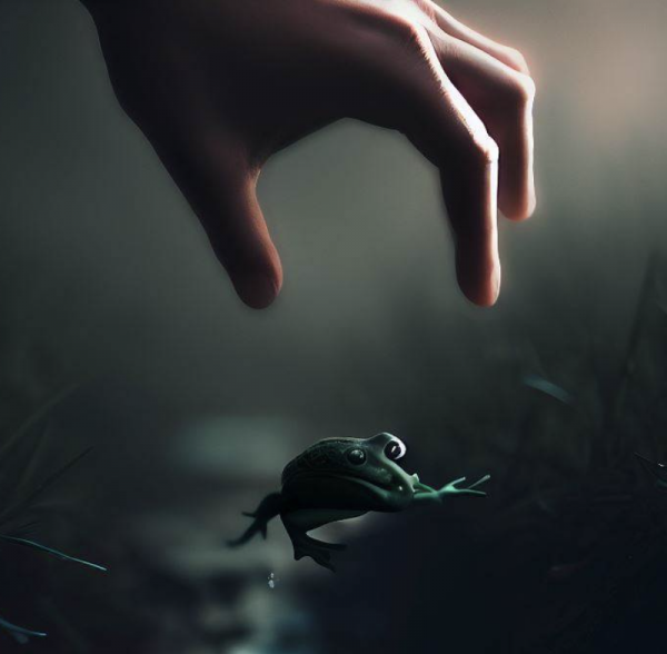 Ein mit generativer KI erstelltes Bild, auf dem eine große Hand nach einem kleinen Frosch greift.