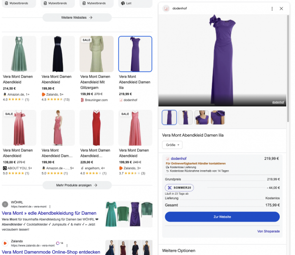 Ein Screenshot für das Keyword "vero moda kleid", in dem ein Product Panel für ein lilanes Kleid geöffnet ist. Hier rankt dodenhof und man kann den Hinweis sehen, dass man für die Online Verfügbarkeit den Händler kontaktieren soll.