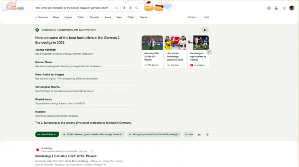 Screenshot Google Search Generative Experience zur Suchanfrage "who is the best footballer of the second league in germany 2023?"