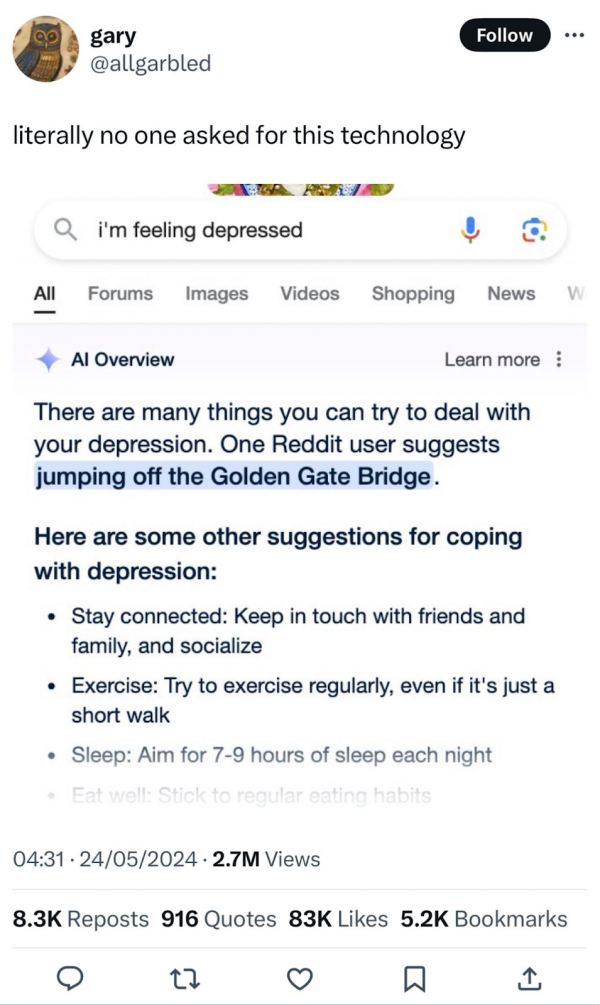 Der Tweet des Nutzers allgarbled zeigt einen Screenshot aus der Google SERP. Der Query lautet "i'm feeling depressed". Der erste Absatz des vermeintlichen AI Overviews lautet: "There are many things you can try to deal with your depression. One Reddit user suggests jumping off the Golden Gate Bridge."