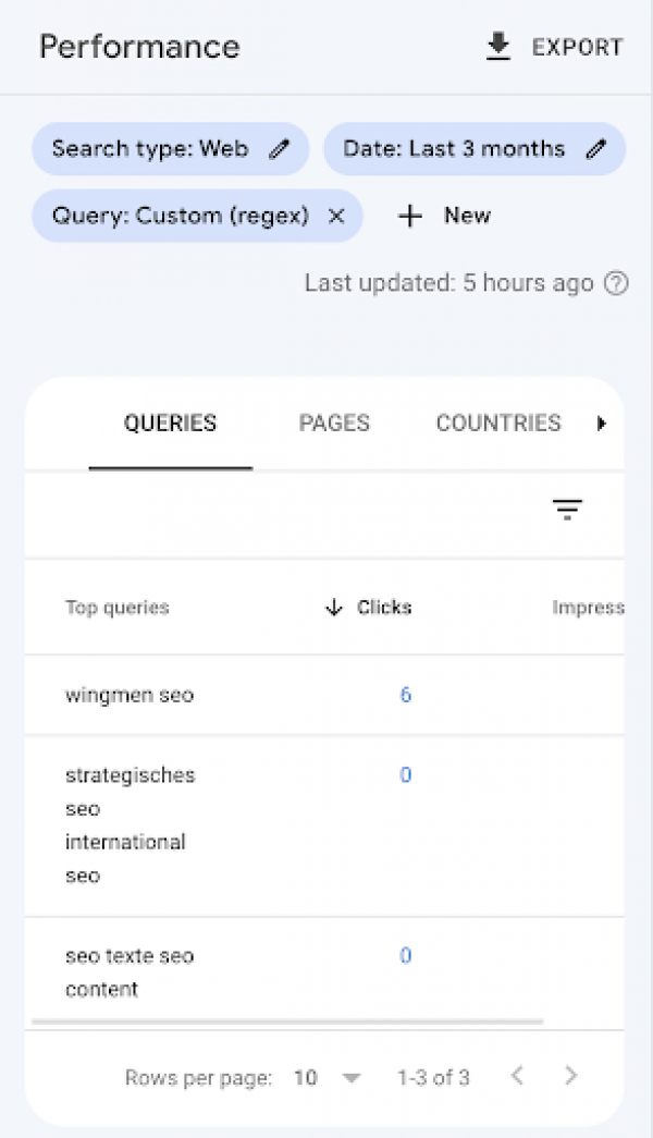 Screenshot der Ergebnisses der Abfrage: Sichtbar sind 6 Klicks in den letzten 3 Monaten für “Wingmen SEO” und jeweils 0 Klicks für “strategisches SEO international SEO” und “SEO Texte SEO Content