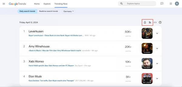 Ansicht der "Trending Now" Seite von Google Trends. Mit einem roten Kasten hervorgehoben ist das Glocken-Symbol zum Abonnieren der Trends sowie das Symbol für den RSS Feed.