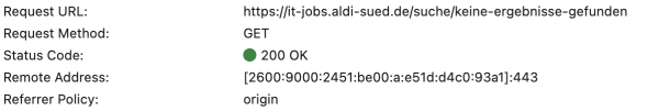 Screenshot der Developer-Console für die URL https://it-jobs.aldi-sued.de/suche/keine-ergebnisse-gefunden zeigt, dass die URL den Status Code 200 hat.
