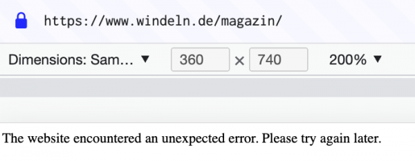Screenshot windeln.de/magazin/. Die Seite zeigt nur "An error occured" ohne jegliche Styling-Informationen