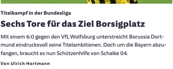 Artikel der Süddeutschen Zeitung mit der Ankertext-Überschrift "Sechs Tore für das Ziel Borsigplatz"