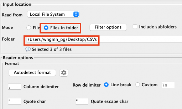 Ein Screenshot aus Knime im CSV Reader Node. Markiert ist das Feld "Files in Folder" und die Folder-Adresszeile, in der man den Ordner auswählt, in dem die CSVs liegen.