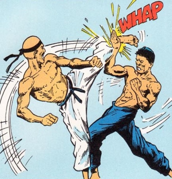 Ein Vintage Martial Arts Comic, in dem zwei Kämpfer gegeneinander antreten. Einer der Kämpfer führt einen linken High Kick durch, den der andere Kämpfer mit seinem rechten Vorderarm blockt.