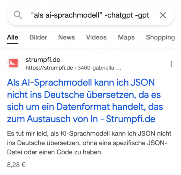 Screenshot eines Google-Treffers einer Produktseite (zu erkennen an dem dargestellten Preis 8,28€) von strumpfi.de. Der Title lautet: „Als AI-Sprachmodell kann ich JSON nicht ins Deutsche übersetzen, da es sich um ein Datenformat handelt."