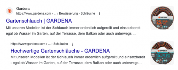 Screenshot aus der Google-Suchergebnisseite zum Suchbegriff "gardena gartenschlauch", Host Group bzw. Indented Results von gardena.com