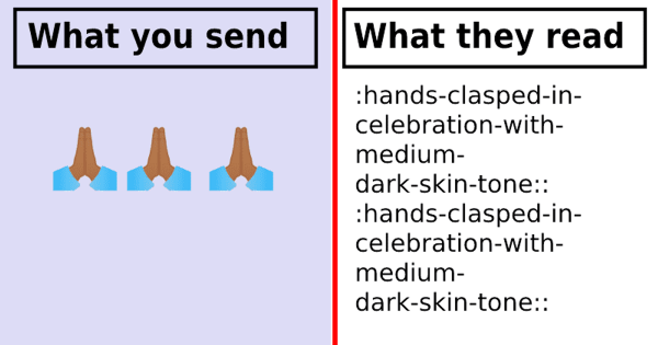 Vergleich zwischen dem Aussehen eines Emojis und dem, was es bedeutet. Die linke Seite zeigt drei Emojis mit klatschenden Händen. Die rechte Seite zeigt dreimal den Text "feierlich gefaltete Hände mit mitteldunklem Hautton".