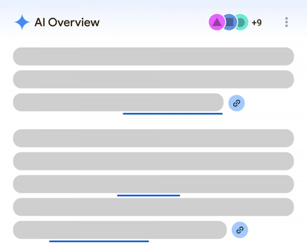 Eine Grafik aus dem Google Blog-Artikel, die schematisch zeigt, wie sie Verlinkungen im AI Overview deutlicher machen. Man sieht den typischen Aufbau und anstatt einem Caret/Dropdown-Pfeil gibt es Unterstreichungen, wie man es von Links gewohnt ist und ein Icon, dass wie ein Link aussieht.