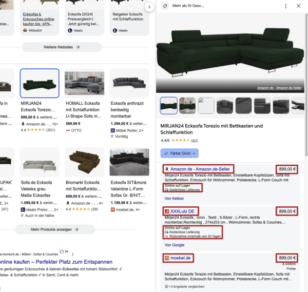 Ein SERP Screenshot-Ausschnitt für dasd Keyword ecksofa. Das Product Panel für ein Sofa ist geöffnet und die rankende URL, die Preise und Versand- und Rücknahmebedingungen sind gekennzeichnet.