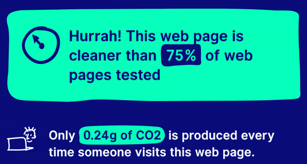 Screenshot von https://www.websitecarbon.com/website/wngmn-de/: Hurrah! This web page is cleaner than
75
% of web pages testedOnly0.24g of CO2 is produced every time someone visits this web page.