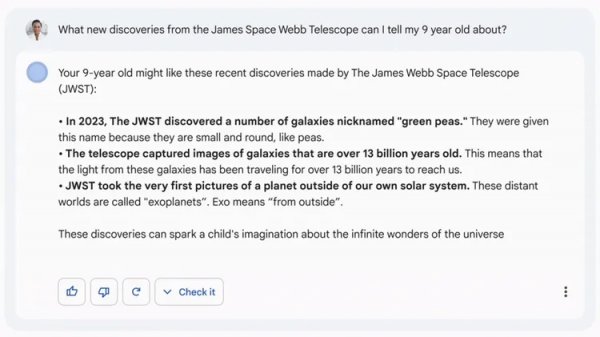 Ein Frame aus dem Promo-Material für Google Bard. Die Antwort von Bard behauptet, dass JWST das erste Bild eines Planeten außerhalb unseres Sonnensystems gemacht habe, was nicht stimmt.