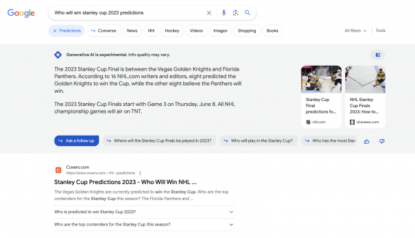 Screenshot Google Search Generative Experience zur Suchanfrage "Who will win stanley cup 2023 predictions"