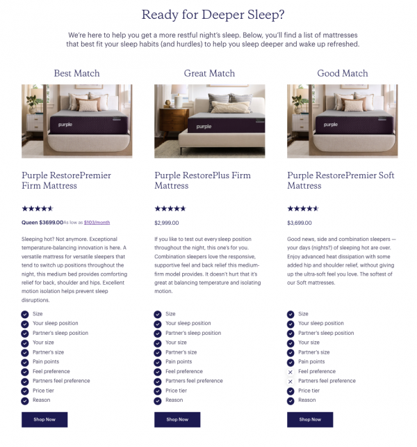Ein Screenshot aus dem Quiz von purple.com, was am Ende passende Matratzenprodukte liefert, inklusive Bewertungem, Preisen, einem kurzen Text und Vor- bzw. Nachteilen zum jeweiligen Produkt. Am unteren Bildbereich gibt es dann noch einen Call-to-Action