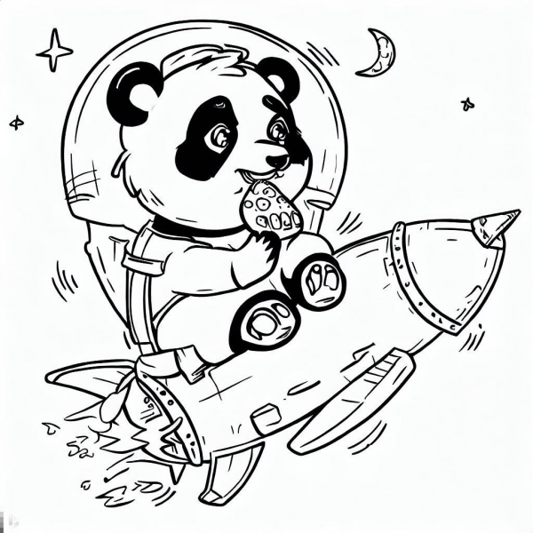 Ein Ausmalbild mit einem Pandabären auf einer Rakete und einem Stück Pizza in der Hand. Die Rakete sieht ein wenig wackelig aus, der Panda nicht 100% glücklich. Aber Kinder könnten es lieben.