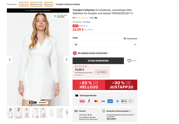 Trendyol Produktdetailseite mit Breadcrumb "Hauptseite > Damen > Bekleidung > Kleider > Trendyol Collection Kleider"