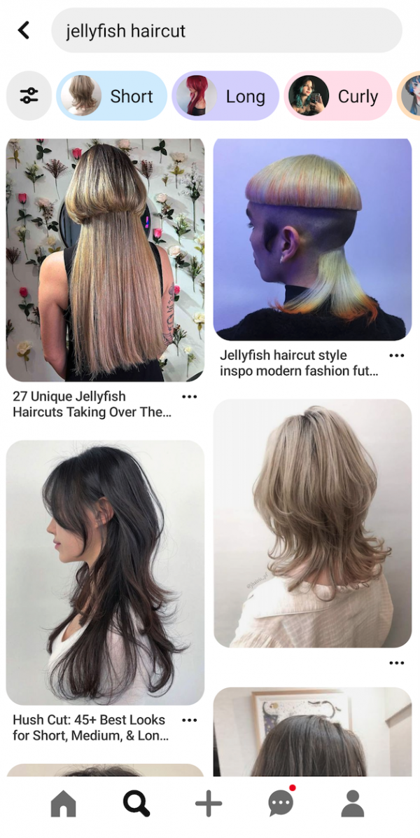 Pinterest-Suche nach "jellyfish haircut". Es sind 4 Bilder zu sehen mit dem Jelly-Fish Haircut in unterschiedlichen Längen und Farben. Dieser Stufenschnitt besteht aus separaten Abschnitten, wobei der obere Teil sehr kurz ist, während der untere Teil lang und strukturiert ist