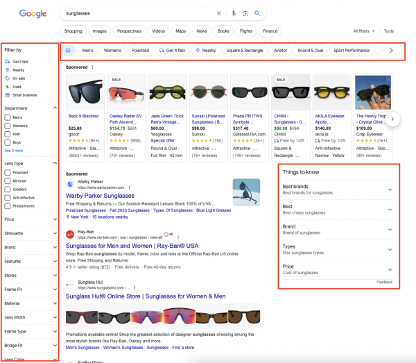 Ein Screenshot aus der US-Suche für das Keyword "sunglasses". Markiert sind diverse Integrationen, die einer Kategorieseite eines Shops ähneln. Unter anderem unterschiedliche Filter und ein Panel mit dem Titel "Things to know"